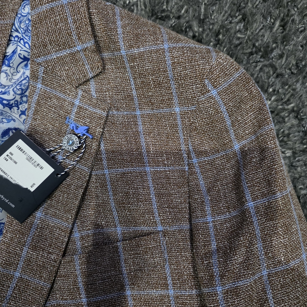 TailorByrd Flannel Windowpane Sport Coat 42L Brown Wool Ticket Pocket